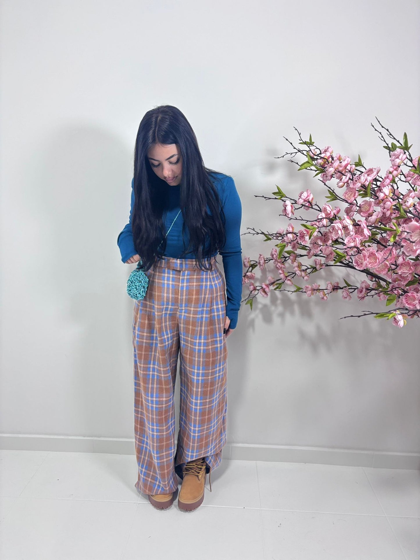 Pantaloni Wide Leg Tartan Marrone e Azzurro