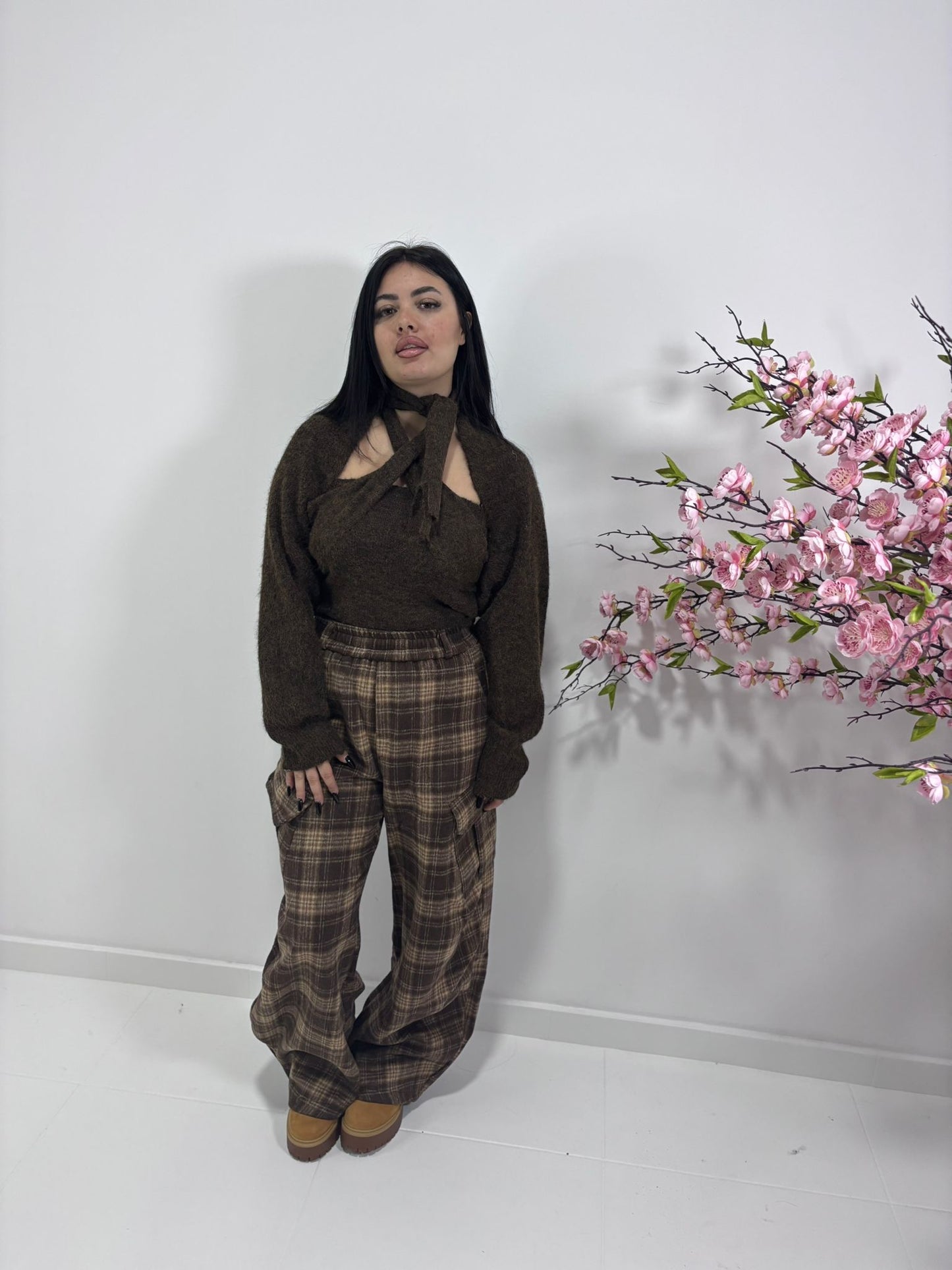 Pantaloni Wide Leg Tartan Marrone e Beige