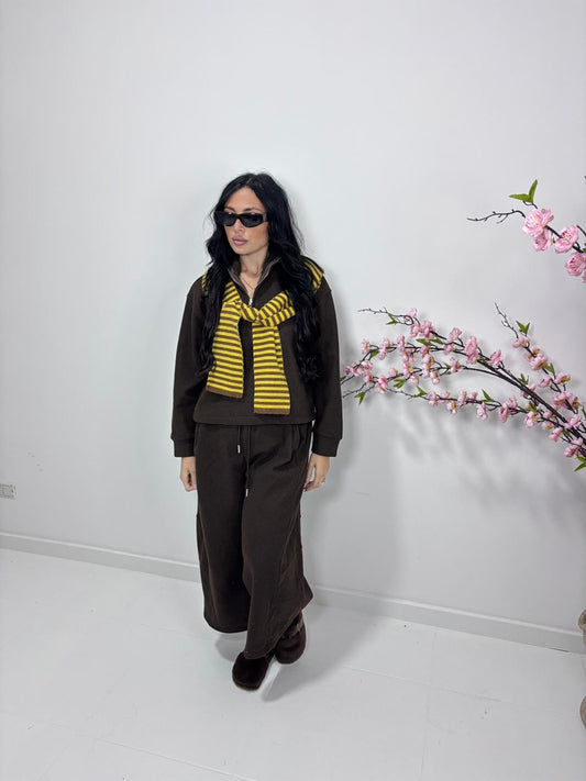 Set coordinato felpa zip & pantaloni wide leg marrone