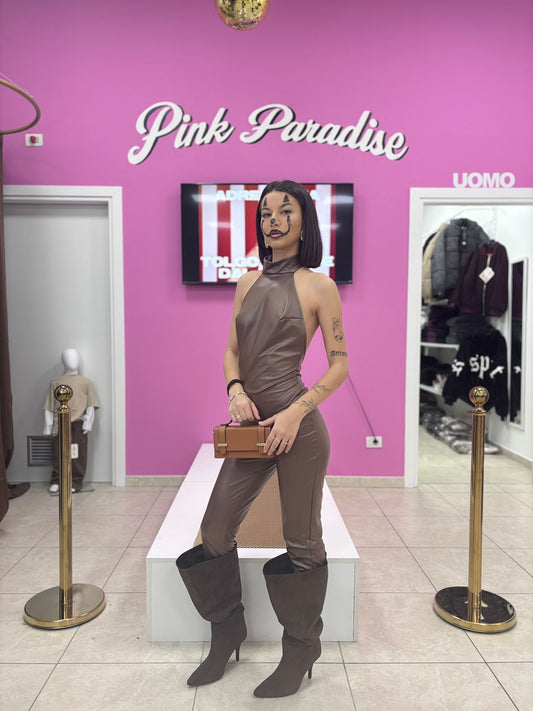 Jumpsuit ecopelle aderente marrone (taglia unica)