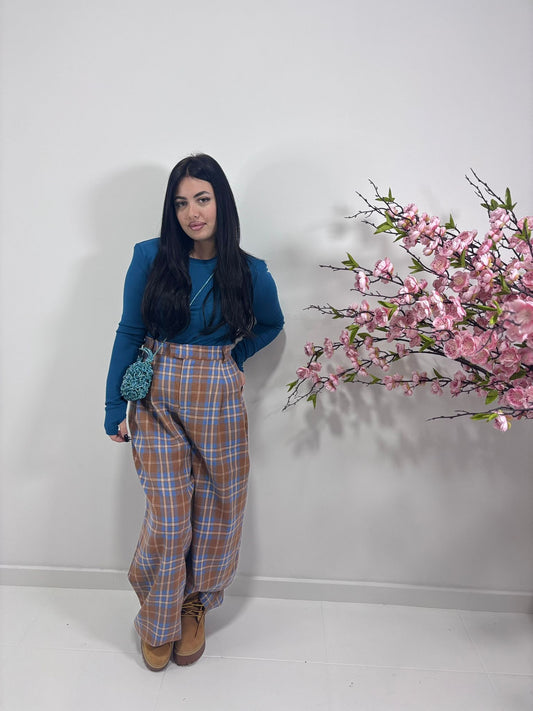 Pantaloni Wide Leg Tartan Marrone e Azzurro