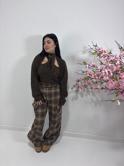 Pantaloni Wide Leg Tartan Marrone e Beige