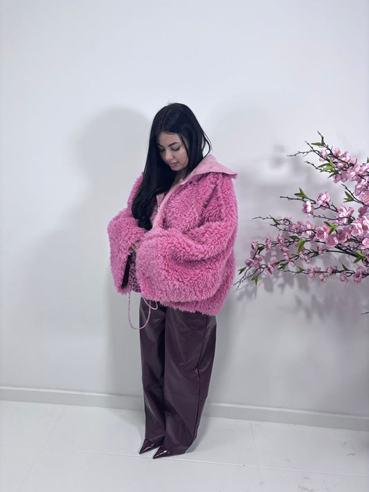 Giubbino Oversize in Peluche Rosa con Cerniera (taglia unica)